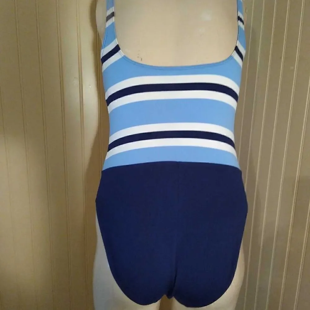 La Blanca By Rod Beattie Womens One Piece Swimsuit Blue White Stripe Stretch 8